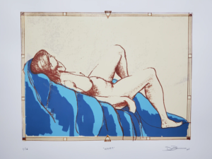 "Warm" - woman reclining on blue drapery, serigraph