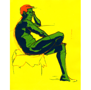 screen print of a man sitting on an ottoman thinking of someone